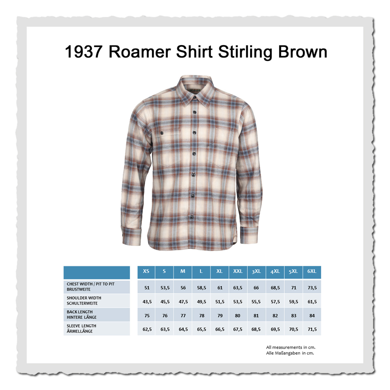 Masstabelle Pike Brothers 1937 Roamer Shirt Stirling Brown Masstabelle vom 1937 Roamer Shirt Stirling Brown – Flanellhemd mit Vintage-Look
